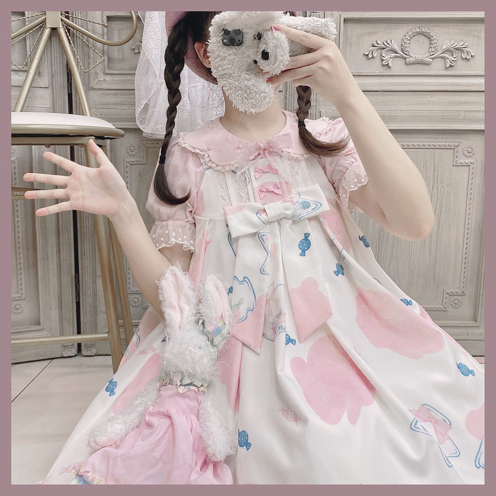 Đầm in hình thỏ màu kẹo phong cách lolita đáng yêu