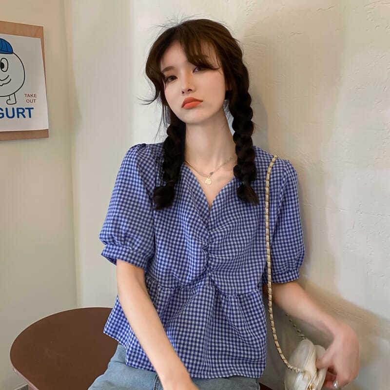 Áo sơ mi tay ngắn phồng cổ chữ V dáng rộng họa tiết sọc caro thời trang mùa hè mới dành cho nữ 2021