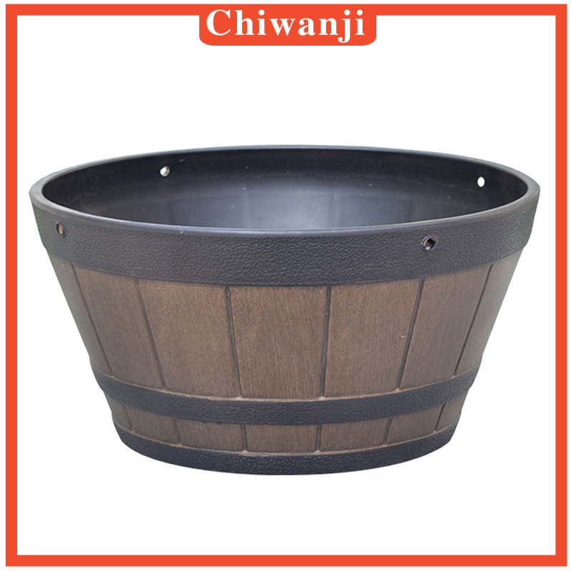 Resin  Barrel Planter Round Garden Flower Pot Decor Hangable Plant Container Busket Brown 12inch