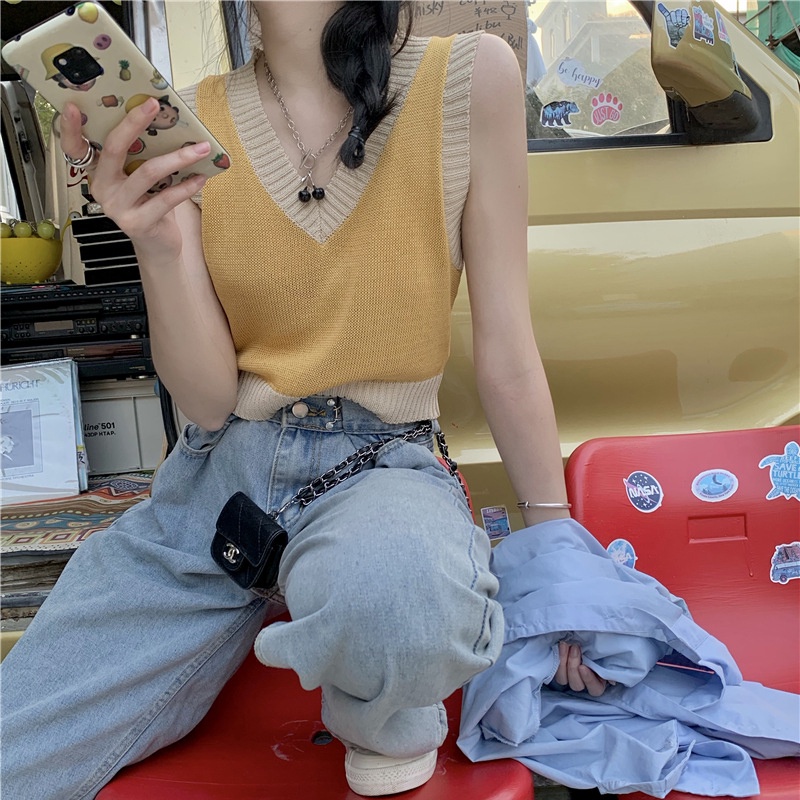 Áo không tay IELGY dệt kim phối màu phong cách Hàn Quốc thời trang cho nữ