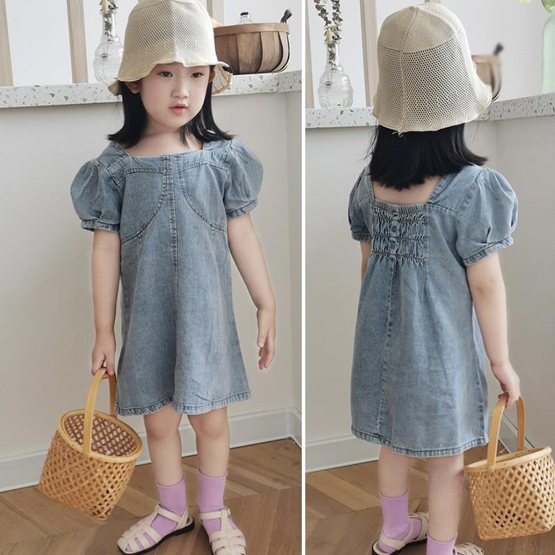 Đầm Denim Tay Phồng Cổ Vuông Thời Trang Mùa Hè Hàn Quốc Cho Bé Gái