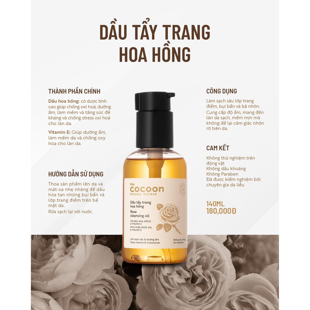 Dầu tẩy trang hoa hồng Cocoon tẩy sạch makeup chuyên nghiệp &amp; dưỡng ẩm 140ml