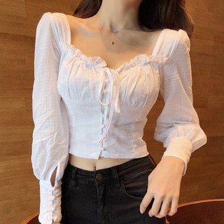 (ORDER) Áo kiểu nữ cổ vuông tay phồng dây rút ngực nhỏ eo màu trắng gợi cảm (NEW STYLE 2020)