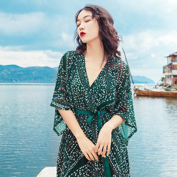 2021 Women Jumpsuit Seaside Vacation Beach Pants Floral V-neck Chiffon Jumpsuit Female High-waist Nine-point Wide-leg Pants