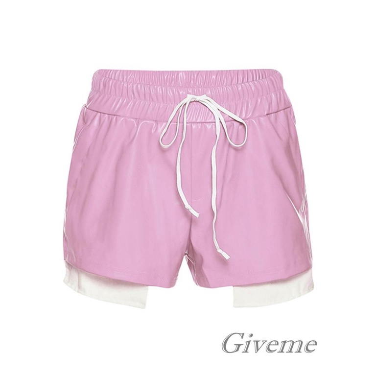 Quần Short Da PU Lưng Thun Rút Dây Màu Trơn Tương Phản Phong Cách Đơn Giản Hiệu Givenme Cho Nữ