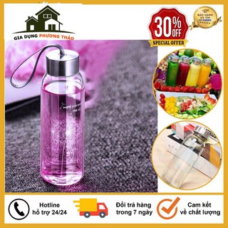 Bình Đựng Nước Thủy Tinh Nắp Inox, Dung Tích 500ml Có Dây Xách Tay Tiện Dụng