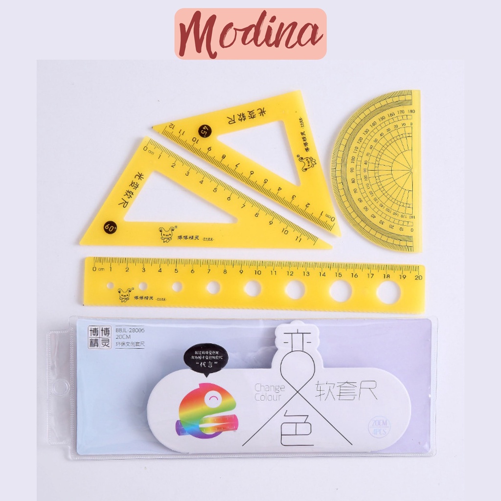 Bộ thước kẻ nhiều món MODINA, Thước eke các loại kèm túi đựng cute