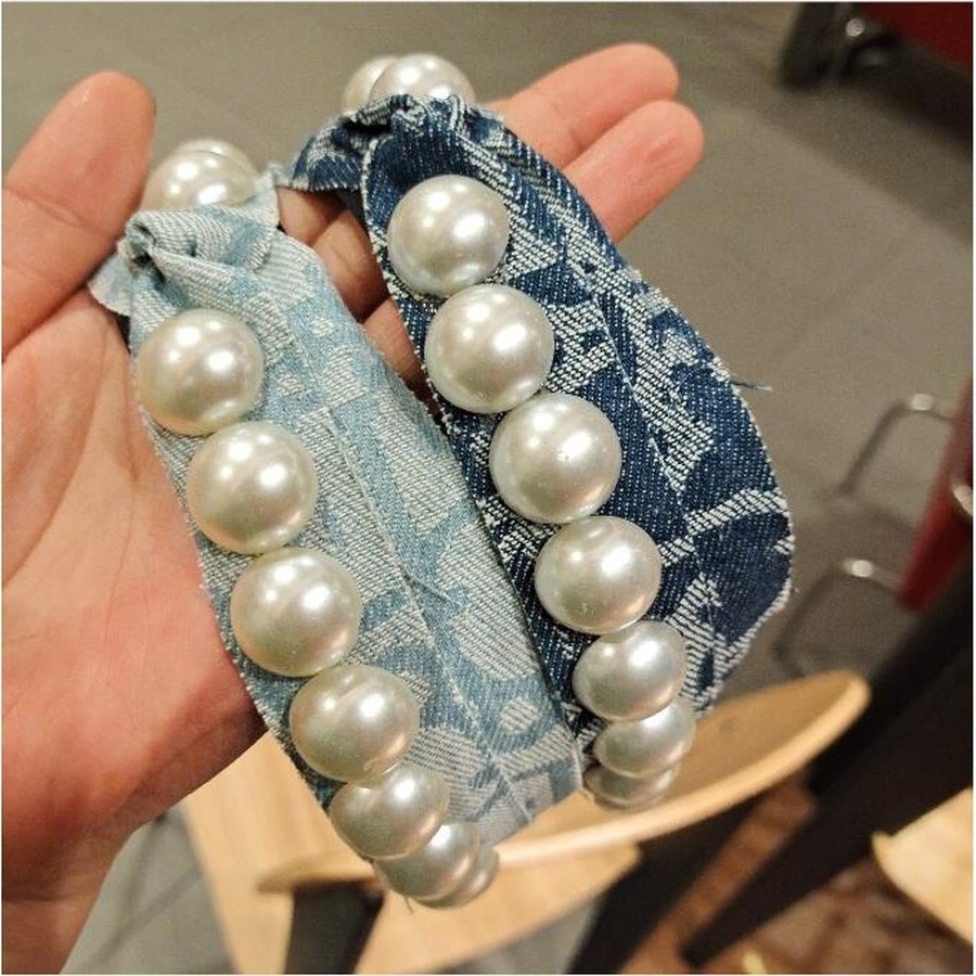 Băng Đô Vải Denim Đính Ngọc Trai Nhân Tạo Thời Trang Sang Trọng