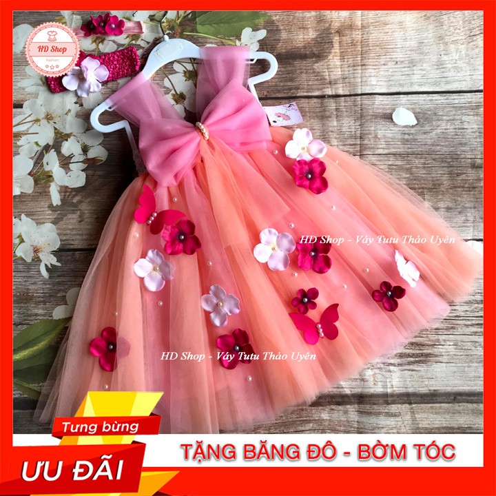 Đầm công chúa cho bé ❤️FREESHIP❤️ Đầm công chúa hồng cam nơ đính hoa tú cầu và bướm cho bé gái