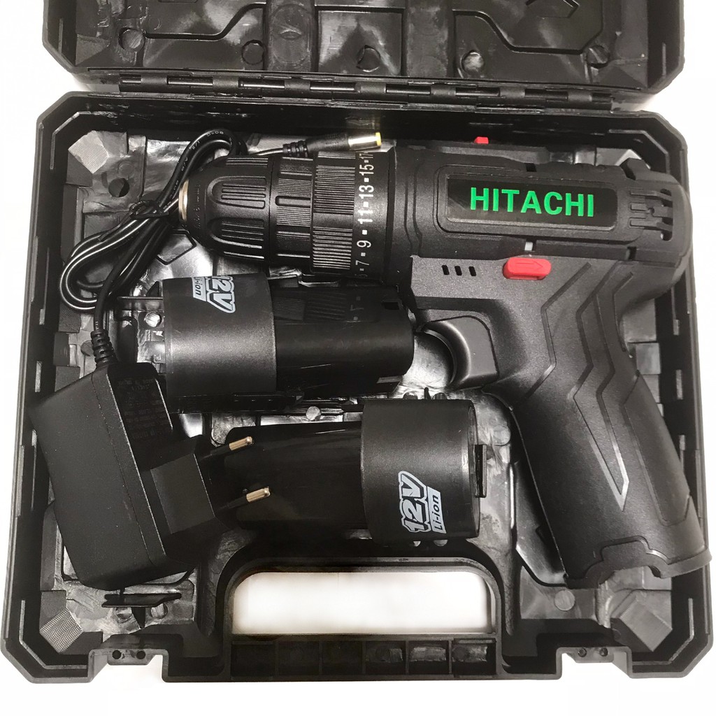 Khoan pin, máy bắt vít Hitachi 12v, 2 cấp tốc độ, 25 cấp trượt màu đen (hộp nhựa)