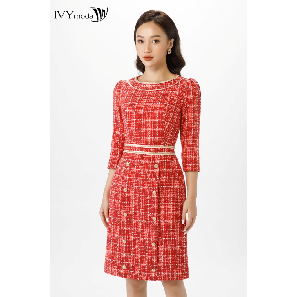 Đầm tweed 2 lớp cổ tròn IVY moda MS 48M7105