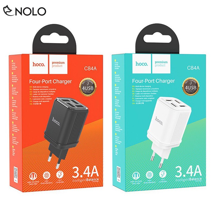 Cốc Sạc Nhanh Đầu Ra Tổng 3.4A Có 4 Cổng Sạc USB Hoco C84A Chất Liệu Nhựa PC Cách Điện Tích Hợp Mạch Bảo Vệ