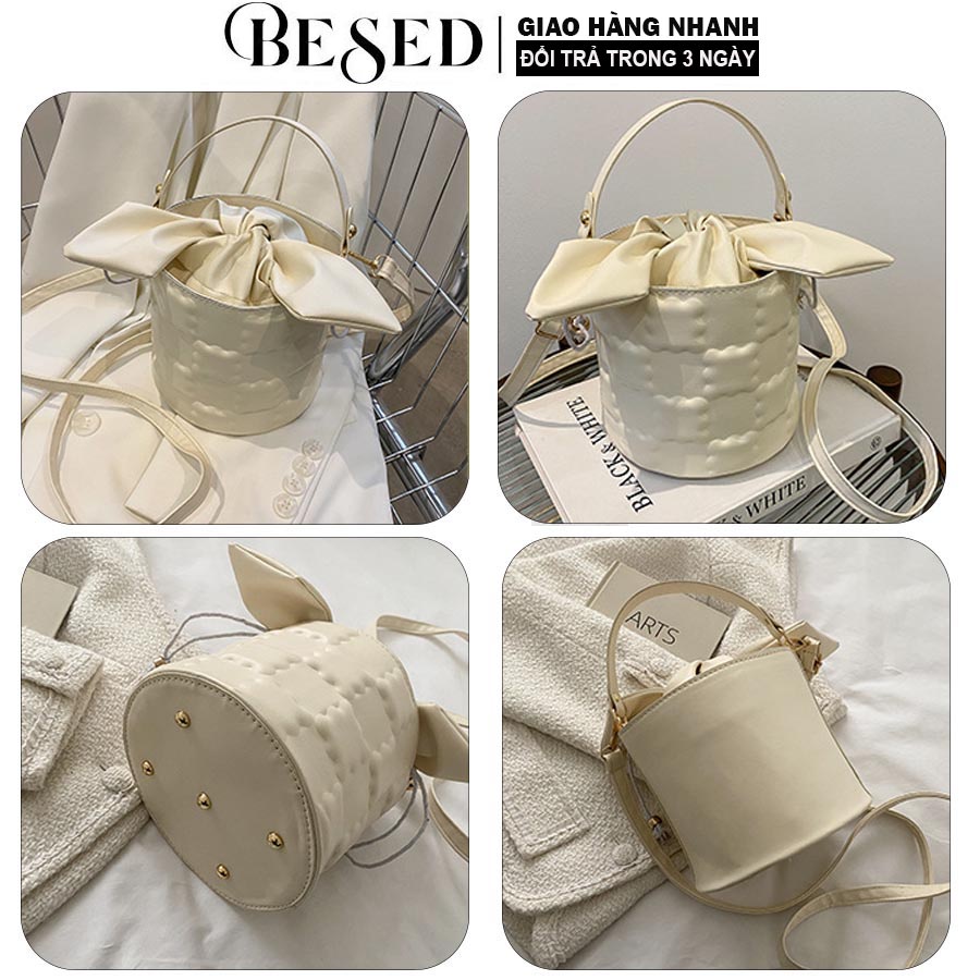 Túi xách nữ đeo chéo hình trụ tròn đẹp sang chảnh dễ thương cá tính da pu cao cấp dáng nơ thời trang đi chơi BESED T047
