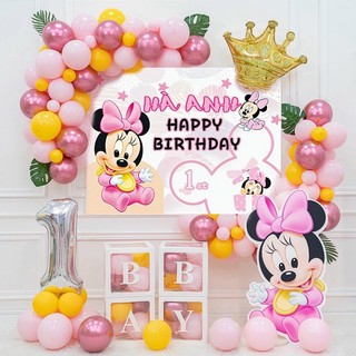 Set bóng trang trí sinh nhật bé kèm backdrop chuột minnie, mickey