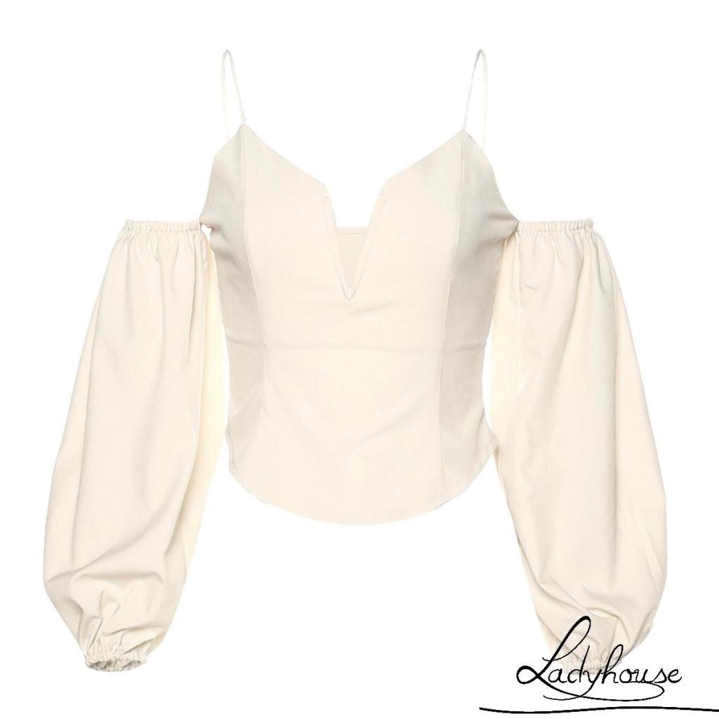 Áo Croptop Trễ Vai Cổ Chữ V Tay Phồng Ngắn Gợi Cảm Cho Nữ