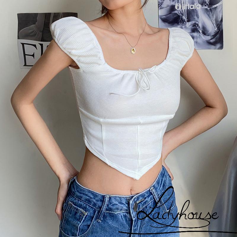Áo Croptop Trễ Vai Tay Phồng Màu Sắc Đơn Giản Dành Cho Nữ