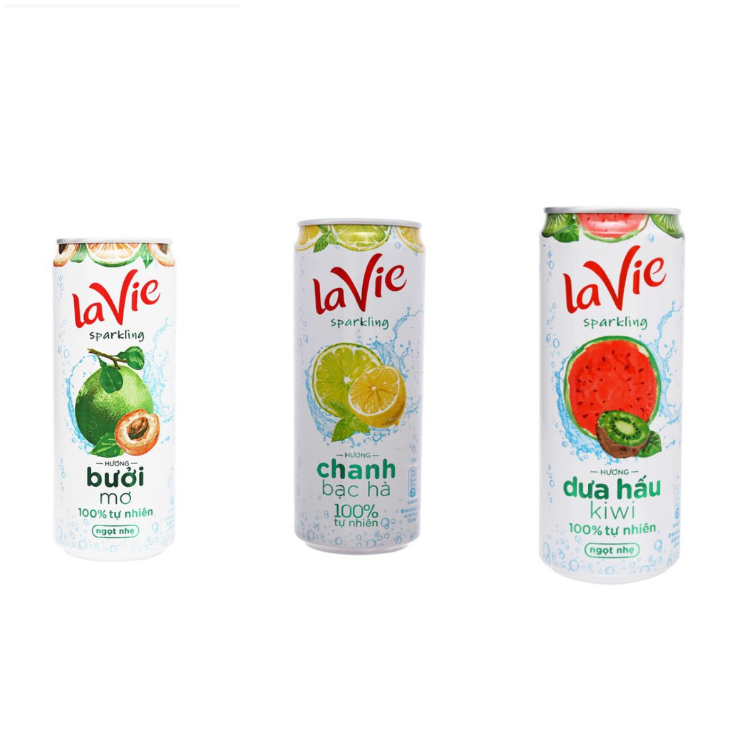 Combo 6 Lon Nước giải khát có gas LaVie Sparkling hương Chanh bạc hà / Dưa Hấu kiwi/ Bưởi Mơ/Chanh muối 330ml [HSD 2021]