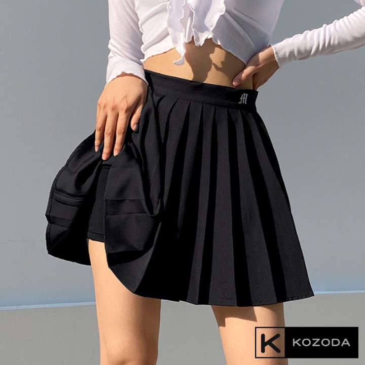 ㍿Chân váy xếp ly phong cách âu mỹ tennis trắng đen trơn ngắn nữ họa tiết thêu hè 2021 Kozoda cv9