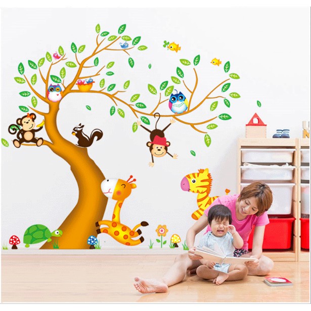 Decal trang trí tường - Thân Cây lá sắc màu vòng cung và các thú vui chơi ( 60X90cmx2 )