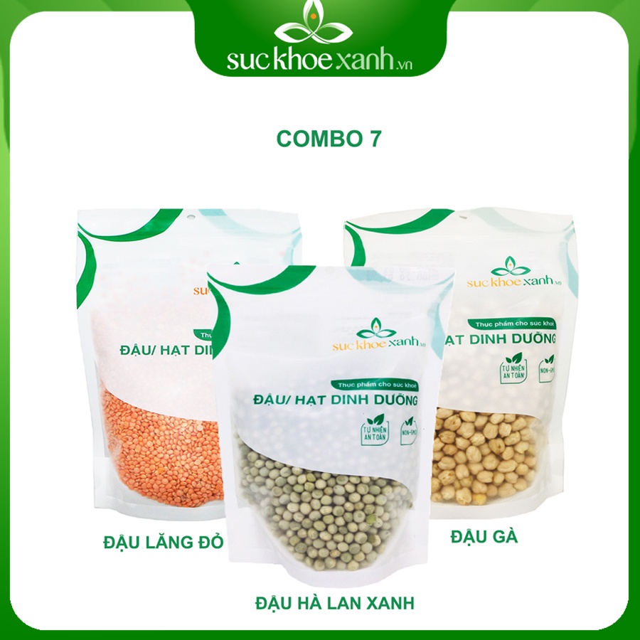 Combo 7 - Đậu gà &amp; Đậu lăng đỏ nguyên hạt &amp; Đậu hà lan xanh nguyên hạt (mỗi túi 500g)