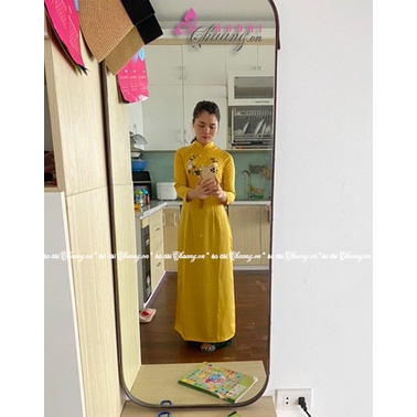 Áo dài thêu hoa CHAANG May sẵn áo dài hoa nổi duy băng vàng đồng xanh 3D