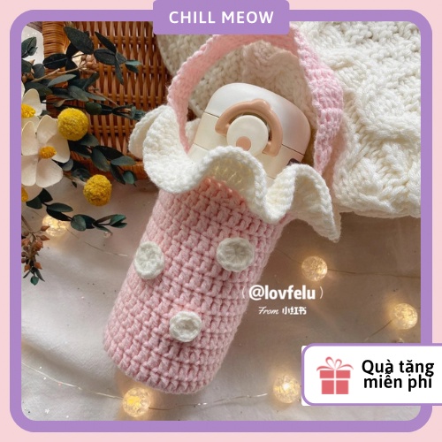 Túi đựng bình nước hồng, túi len handmade màu hồng quà tặng CHILLMEOW