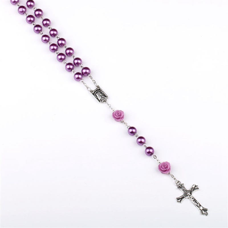 Vòng cổ mặt hình thánh giá đính ngọc trai giả 6mm 3 màu thời trang