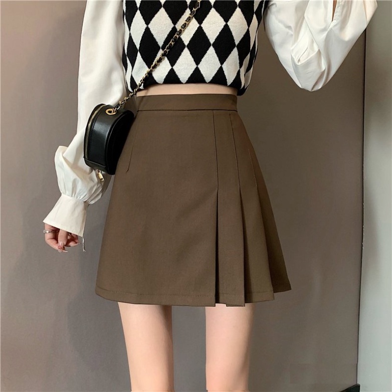 Chân váy ngắn chữ A xếp ly lệch tà có quần trong 2 màu đen nâu dáng lưng cao công sở nữ  xẻ tà trẻ trung ,năng động
