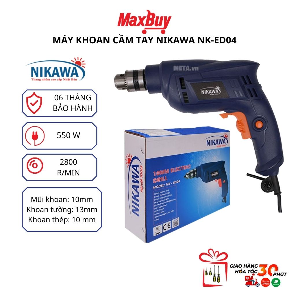 Máy khoan Nhật cầm tay dùng điện mini khoan tường, thép công suất 550W NIKAWA NK-ED04 bảo hành 6 tháng giao hỏa tốc HN