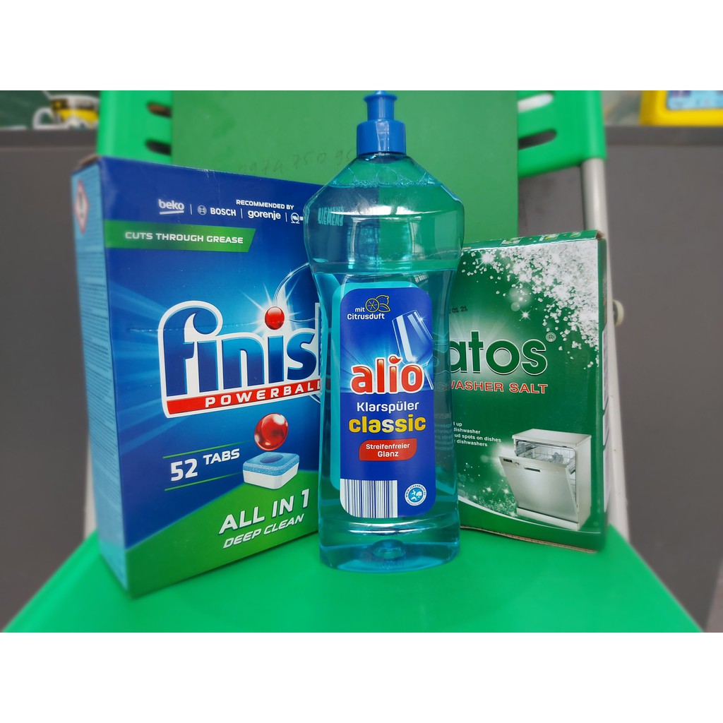 Combo viên rửa bát Finish all in one 52 vien + muối satos 1.5kg + bóng Alio 1lit