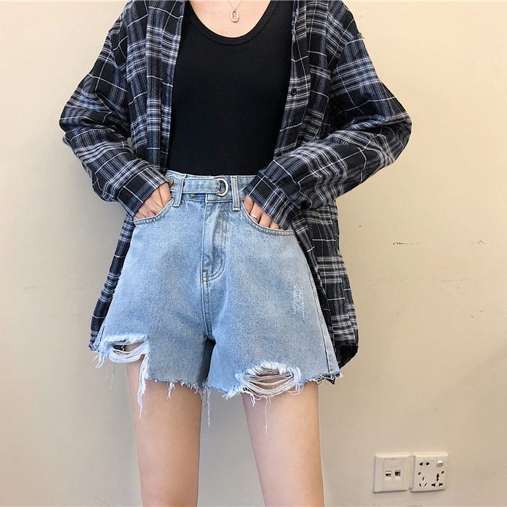 AMOI Quần Short Jean Lưng Cao Ống Rộng Phối Rách Phong Cách Hàn Quốc Dành Cho Nữ 2022