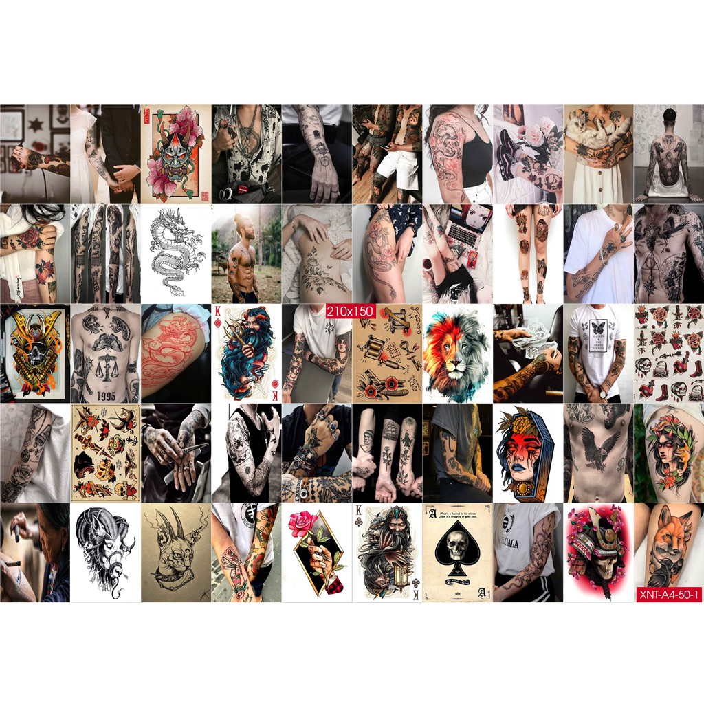 Combo Set 50 tờ Decal dán tường Phun Xăm Nghệ Thuật Khổ A3,A4,A5