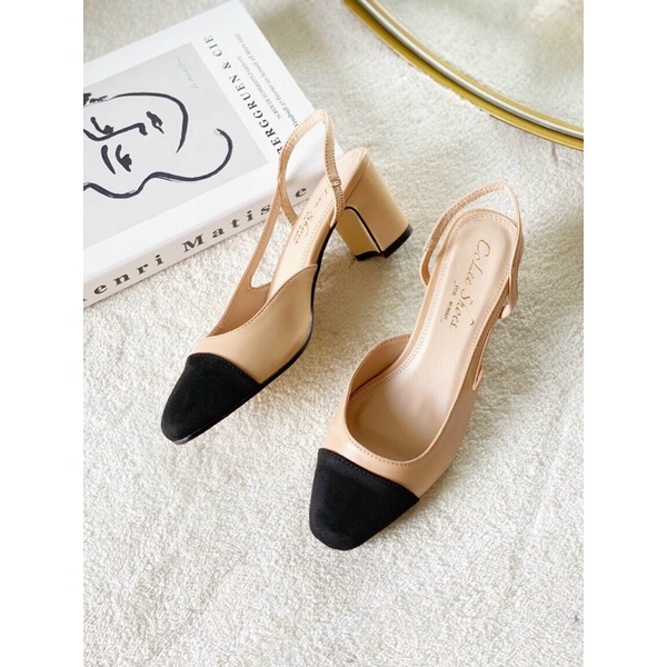 Giày cao gót nữ đế vuông vá mũi hở eo gót dáng slingback khuyết eo thời trang tinh tế thanh lịch