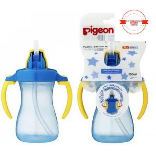 Bình uống nước Pigeon 150ml có tay cầm và ống hút (xanh dương, hồng, cam)