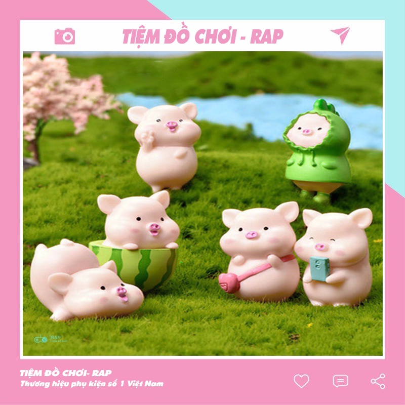 Set 6 mô hình heo hồng, tượng heo dưa hấu tiểu cảnh đáng yêu Ráp trang trí bàn làm việc, bàn học, để xe taplo ô tô