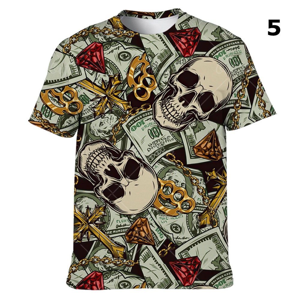 Áo nam Tay Ngắn Cổ Tròn In Hình Đầu Lâu 3D Thời Trang