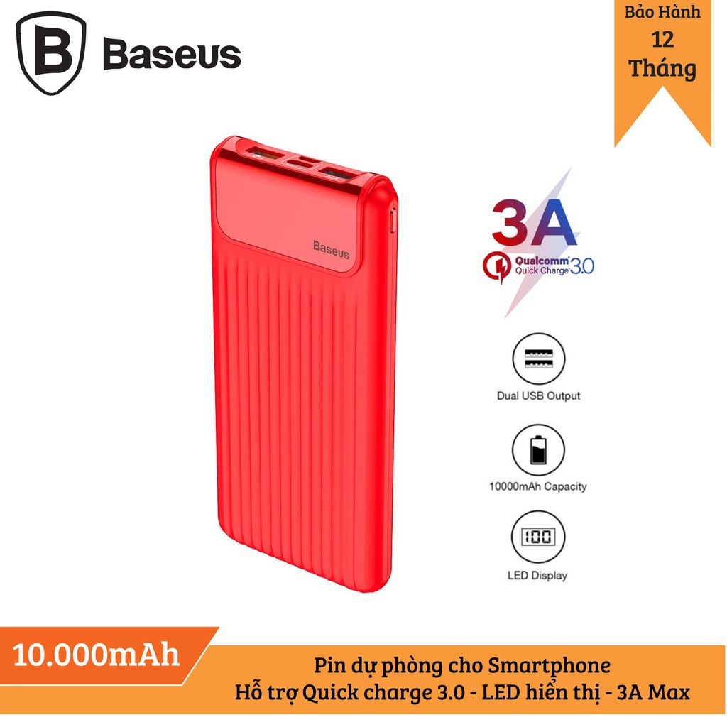 Pin dự phòng sạc nhanh Baseus Thin Digital dung lượng 10000mAh chất liệu ABS 2 cổng Usb tích hợp đèn Led