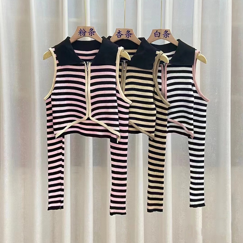 Áo Crop Top Dệt Kim Tay Dài Trễ Vai Eo Cao Cổ Polo Phong Cách Retro Mới