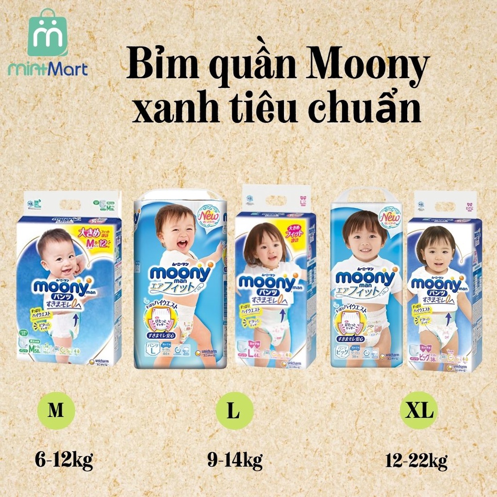 Tã/bỉm Moony nội địa Nhật xanh tiêu chuẩn/cộng miếng/Moony natural trắng dán/quần đủ size