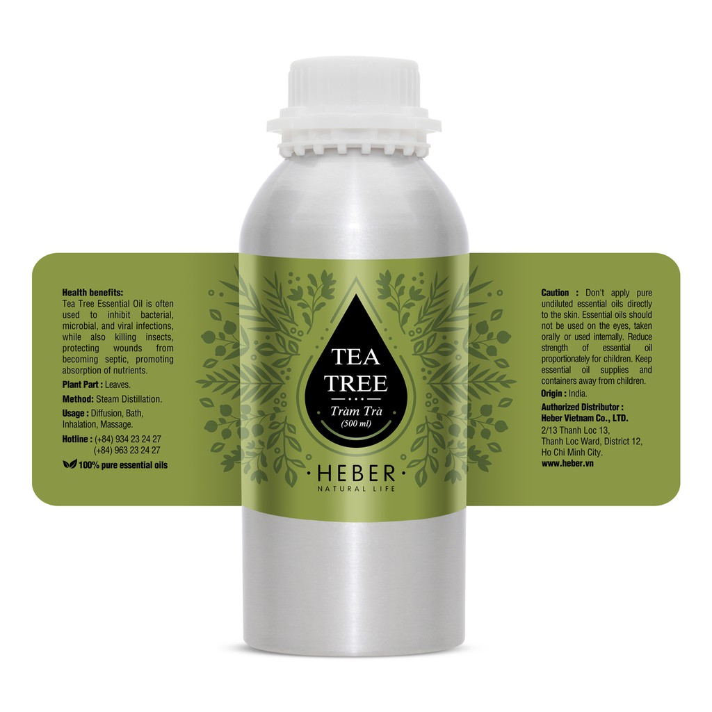 (Chai Lớn 500ml/1000ml)Tinh Dầu Tràm Trà Tea Tree Heber Natural Life, Cao Cấp Nhập Khẩu, Thiên Nhiên Nguyên Chất