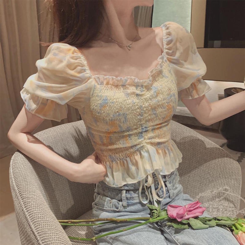 Áo Chiffon Cổ Vuông Tay Phồng Phối Dây Rút Họa Tiết Tranh Sơn Dầu Phong Cách Thời Trang Mới 2022