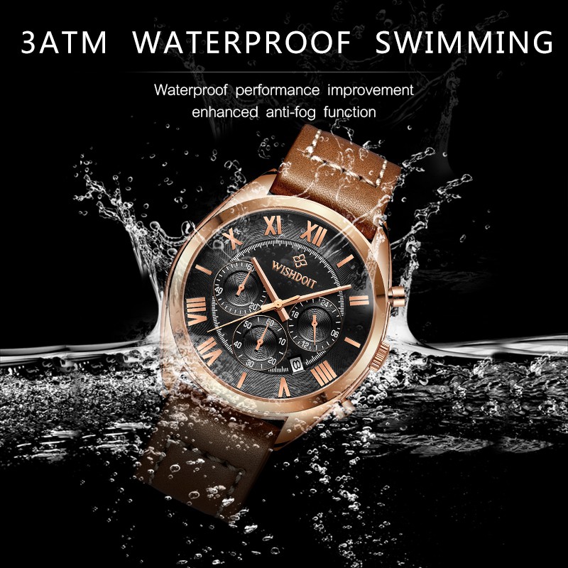 【Official product】WISHDOIT Multifunction Three-eye chronograph Sports waterproof swim watches Leisure Leather watch Popular watches Calendar function Quartz watch Student personality watch