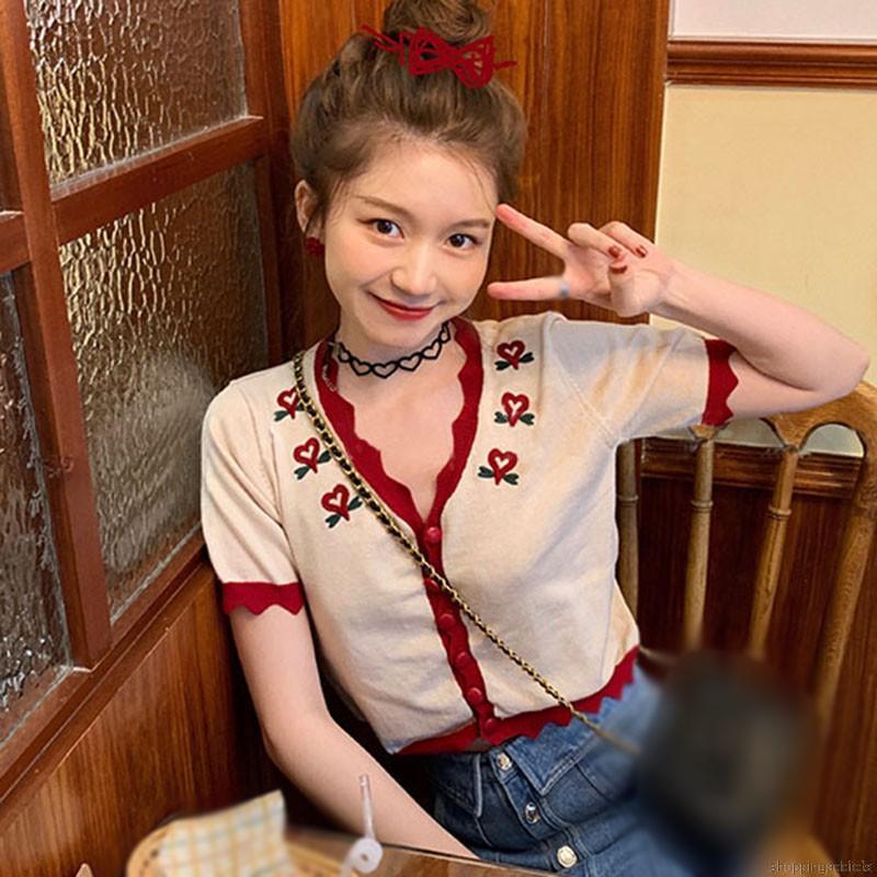 Áo Cardigan Dệt Kim Cổ Chữ V Hoạ Tiết Trái Tim Màu Tương Phản Trẻ Trung Cho Nữ | BigBuy360 - bigbuy360.vn