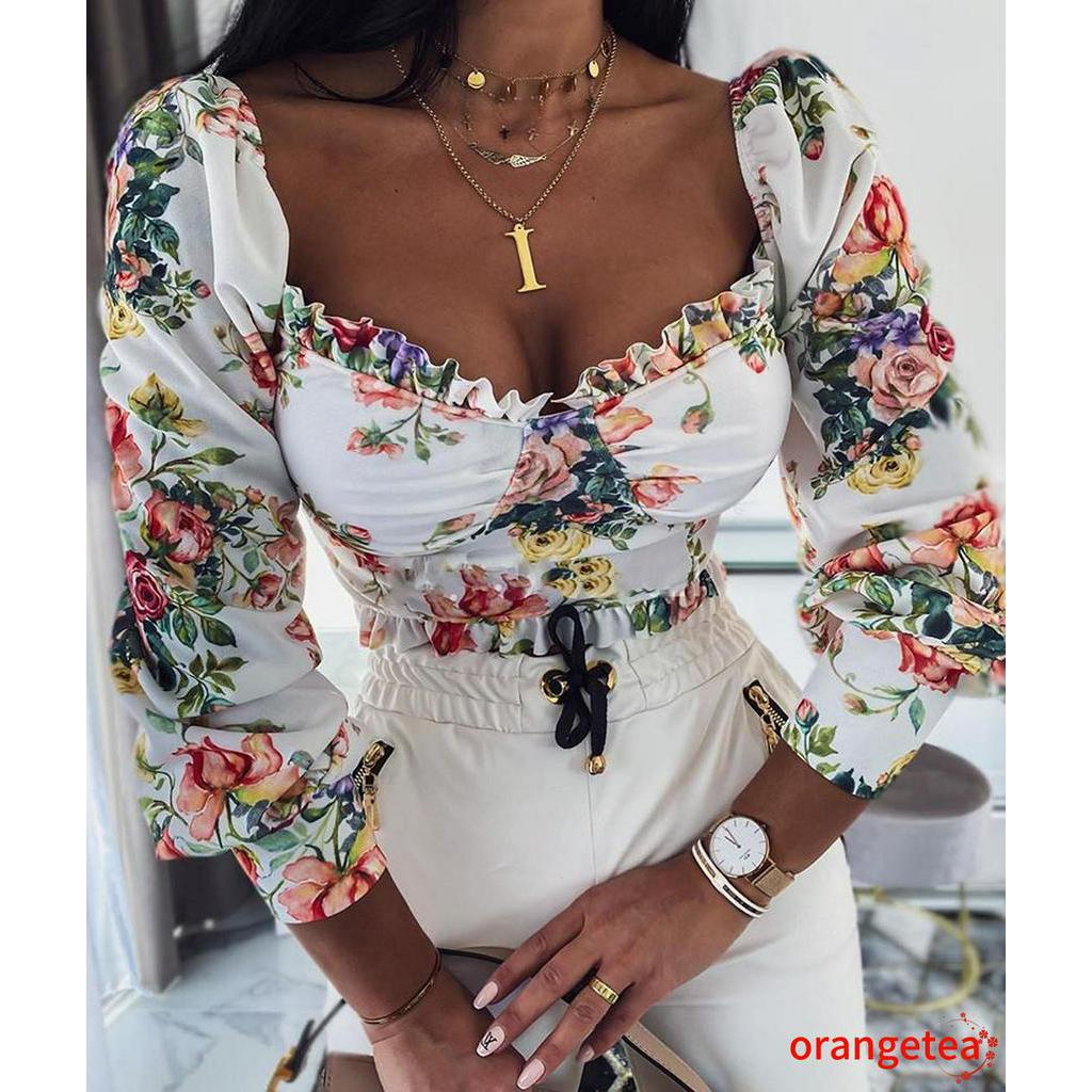 Áo Crop Top Tay Phồng Họa Tiết Hoa Thanh Lịch Cho Nữ