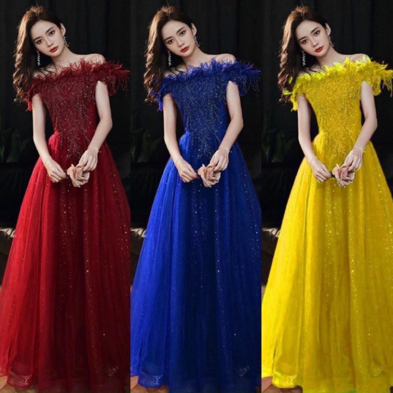 Đầm maxi phối lông MYMY kết cườm hoa nổi size ML - MS141Y