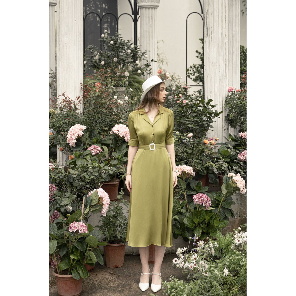 Đầm xòe cổ be, chun vai, đai eo rời Emspo DM4023