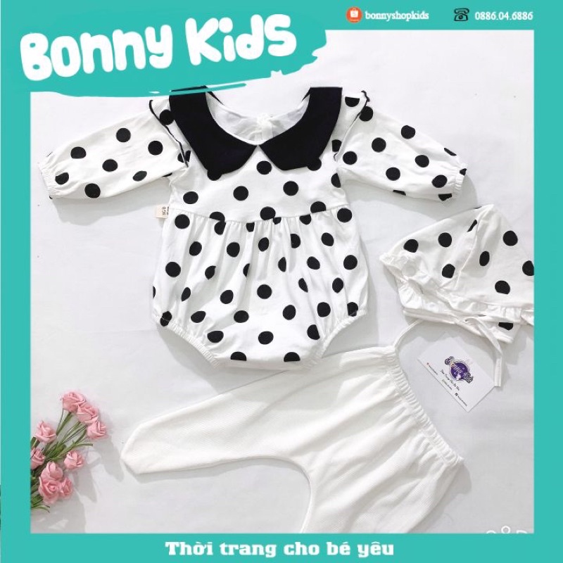 Bodysuit Trắng Chấm Bi Cho Bé Gái Sơ Sinh 0-12 Tháng Kèm Mũ Và Quần Tất, Váy Sơ Sinh, Váy Đầy Tháng