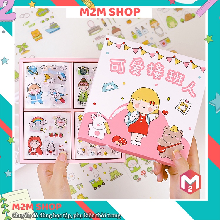 Hộp 100 miếng sticker dán sổ trong suốt nhiều hình cute dễ thương