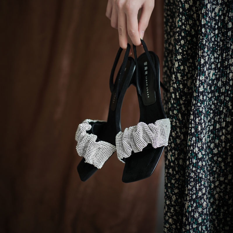 Jiashucheng Giày Sandal Cao Gót Mũi Vuông Đính Đá Thời Trang Mùa Hè Dành Cho Nữ