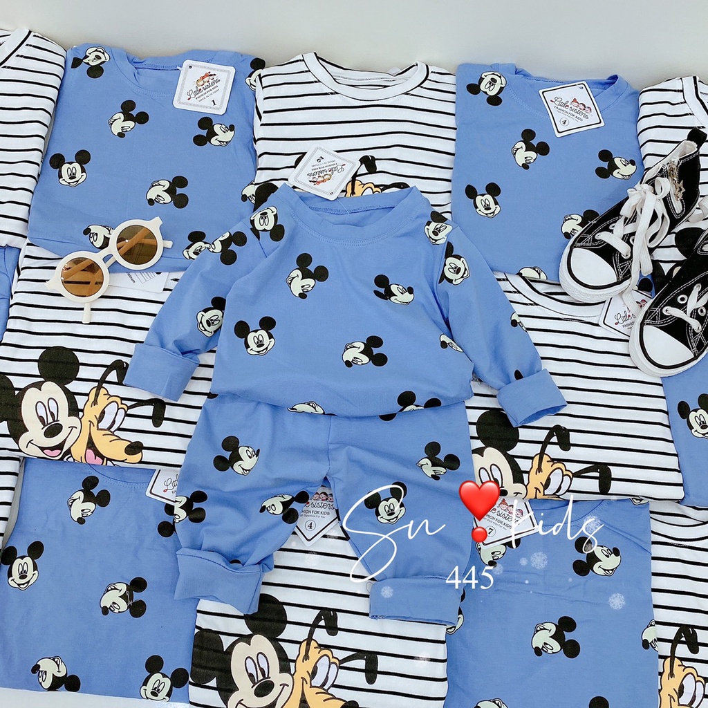 Bộ dài tay cotton thu đông xuất Hàn, bộ quần áo thu đông hoạt hình Micky K023